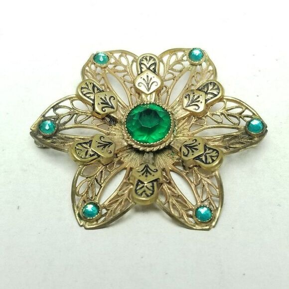 Vintage Green Rhinestone Filigree Flower Brooch, Gold Tone Setting, Estate - Picture 2 of 5